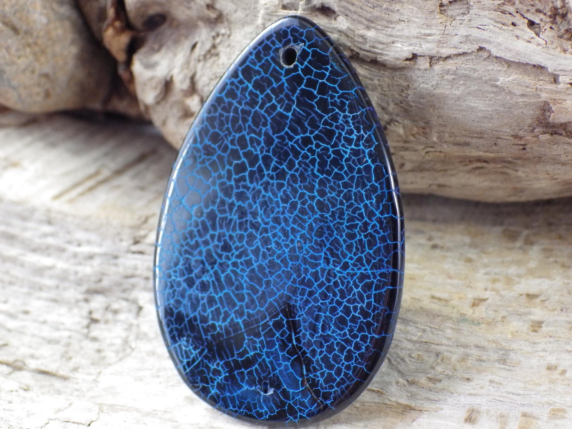 Blue & Black Dragons Vein Agate Teardrop Pendant 50x20mm A3