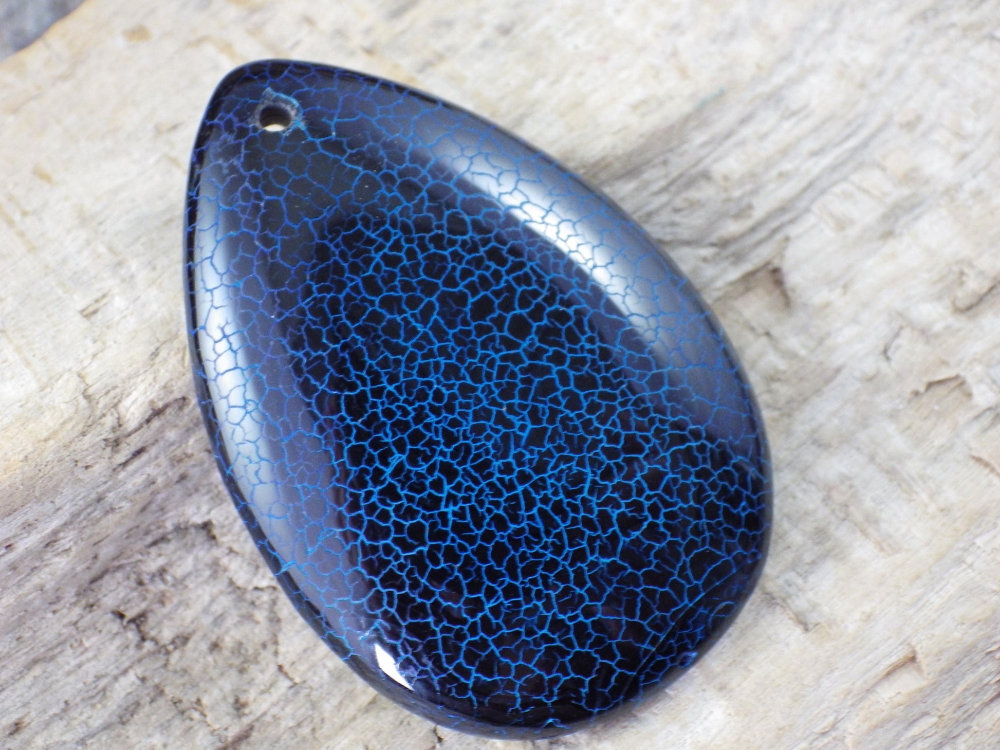 Blue & Black Dragons Vein Agate Teardrop Pendant 50x20mm A3