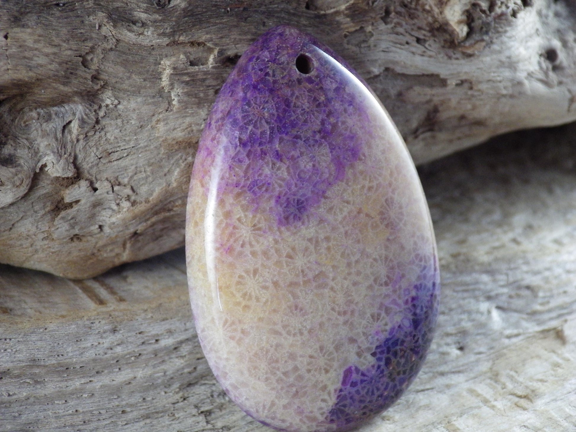 Purple Fossil Coral Teardrop Pendant 48x31mm, Semi Precious Gemstone, Statement Pendant, Flat Back Loose Stone, Jewellery Making Supplies J3