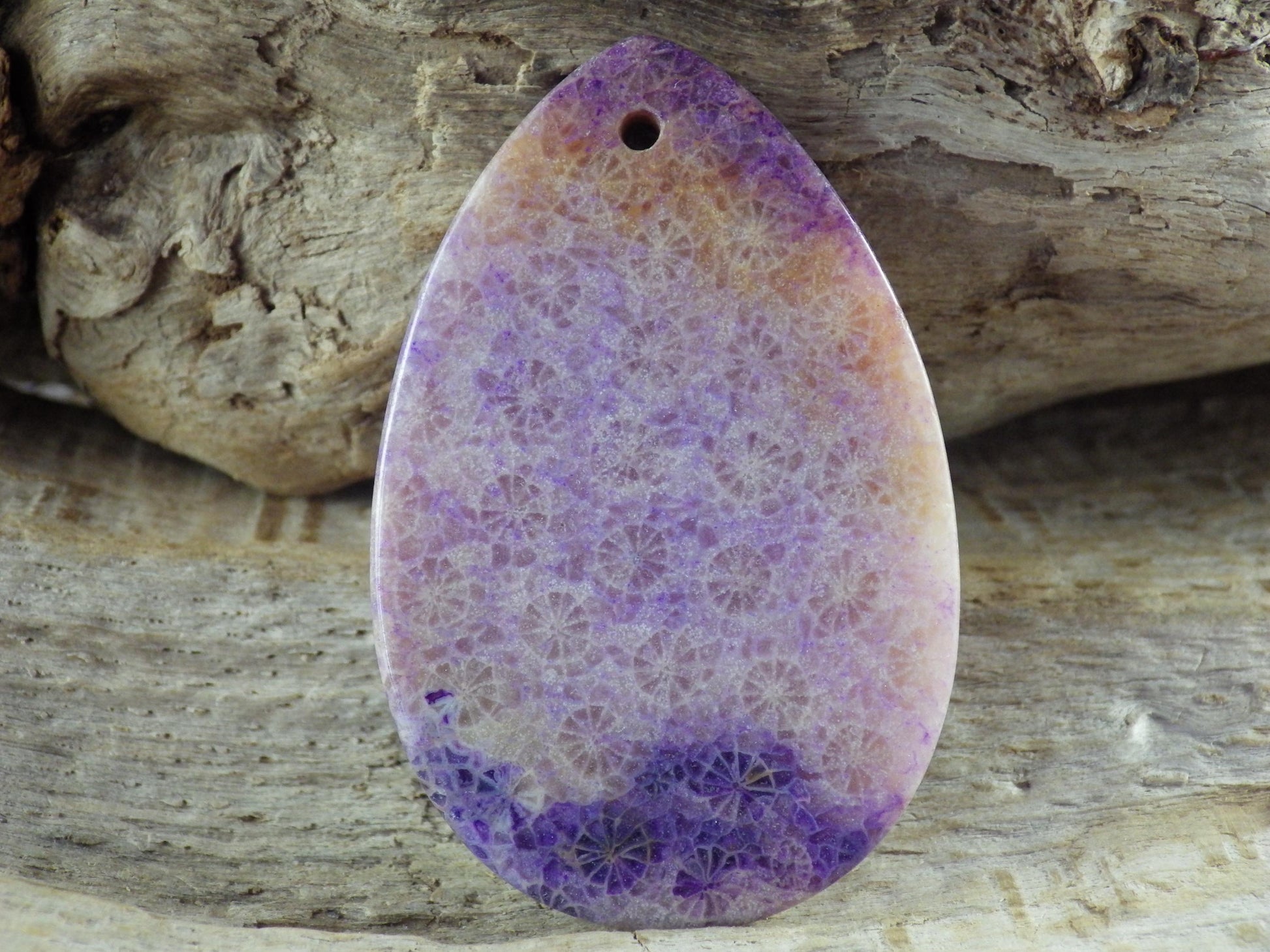 Purple Fossil Coral Teardrop Pendant 48x31mm, Semi Precious Gemstone, Statement Pendant, Flat Back Loose Stone, Jewellery Making Supplies J3