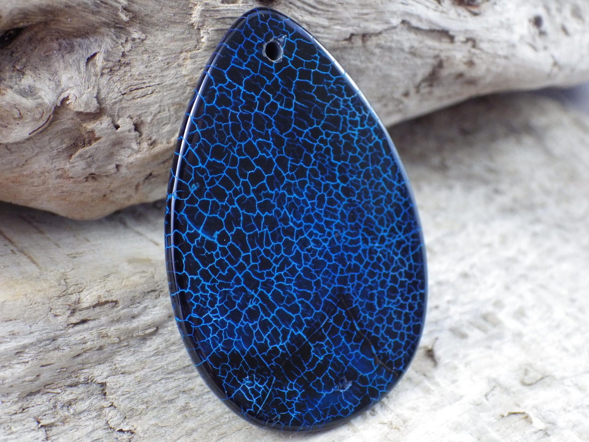 Blue & Black Dragons Vein Agate Teardrop Pendant 50x20mm A3