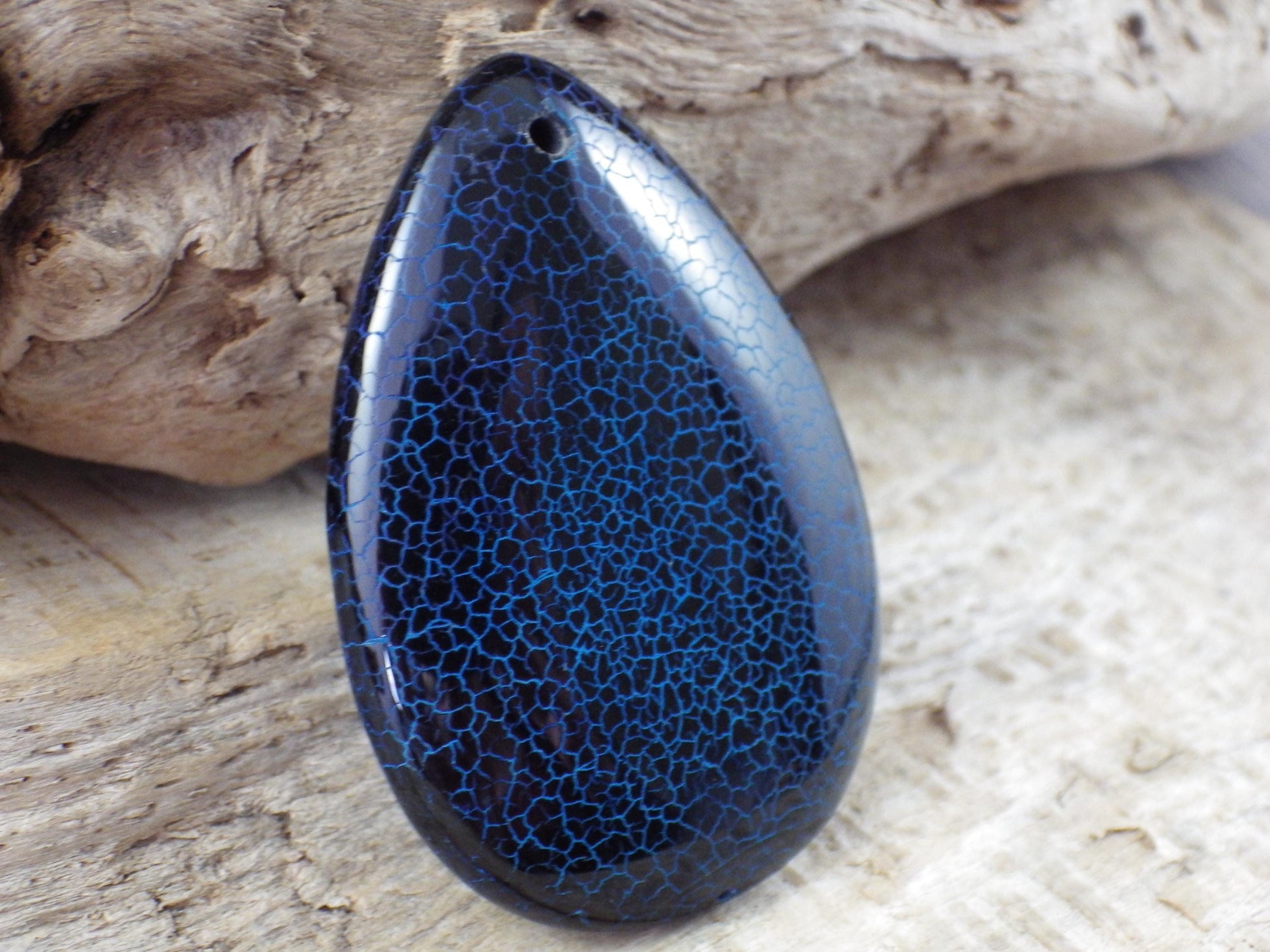 Blue & Black Dragons Vein Agate Teardrop Pendant 50x20mm A3
