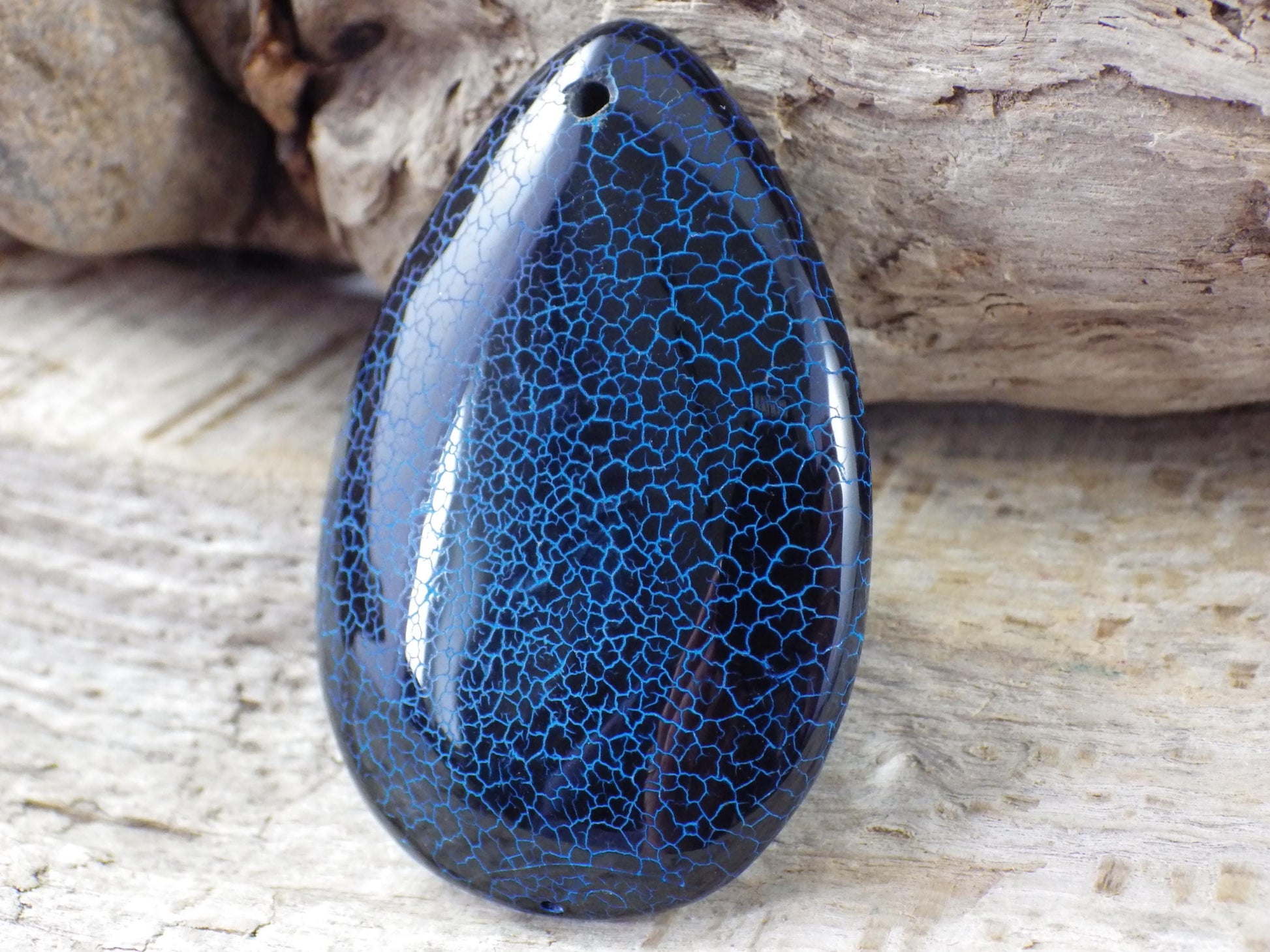 Blue & Black Dragons Vein Agate Teardrop Pendant 50x20mm A3