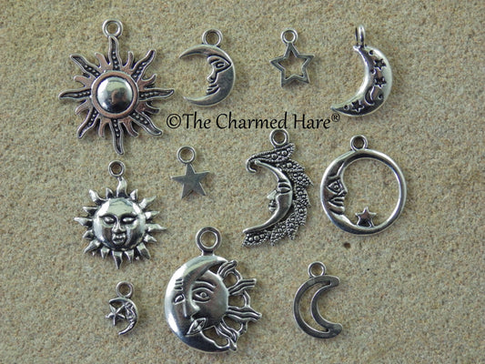 11 x Silver Crescent Moon Sun Star Bracelet Charms