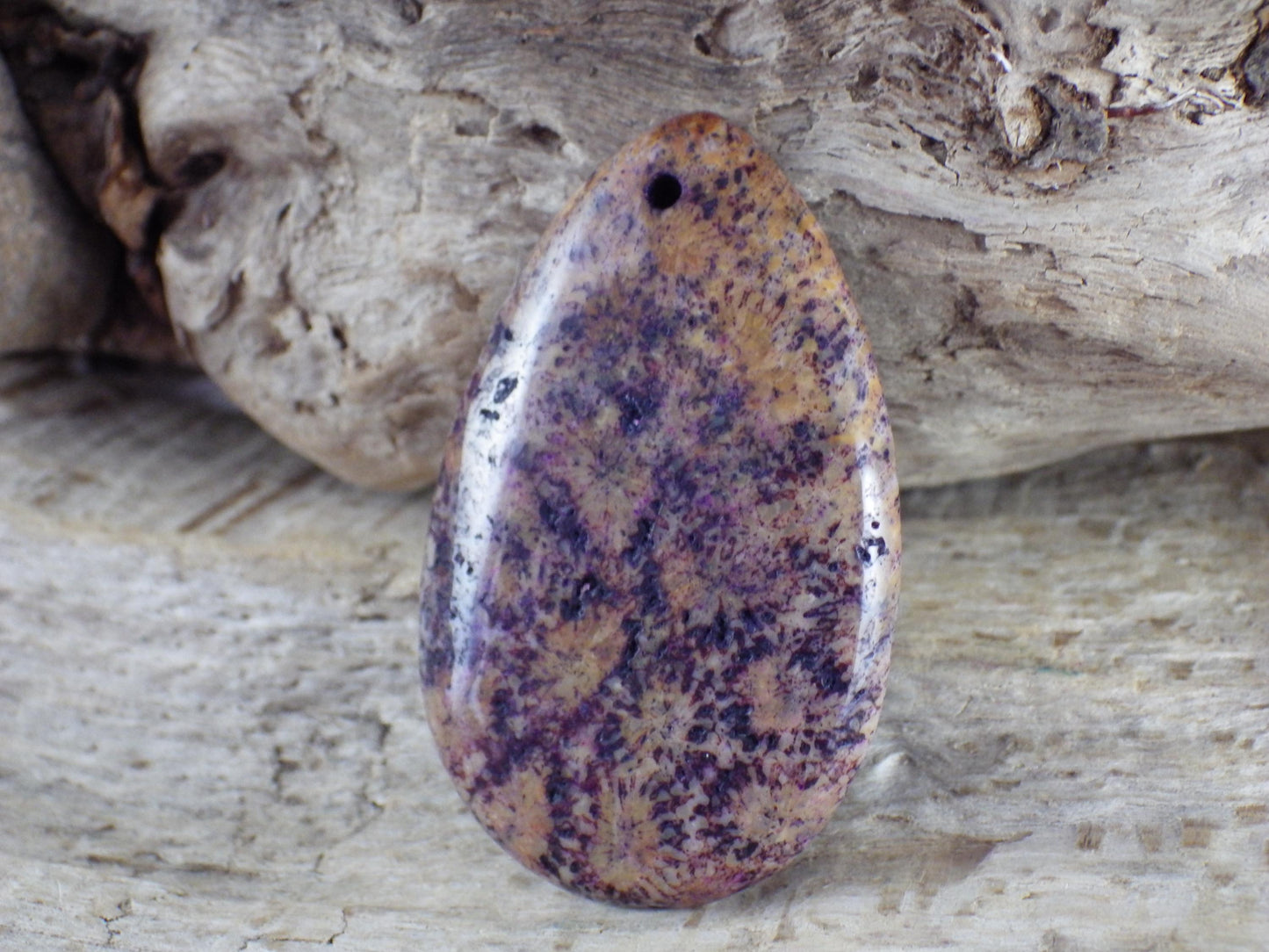 Large Purple Fossil Coral Jasper Pendant 48x31mm, Semi Precious Gemstone, Loose Stone Teardrop Cabochon, Jewellery Making Supplies UK A9