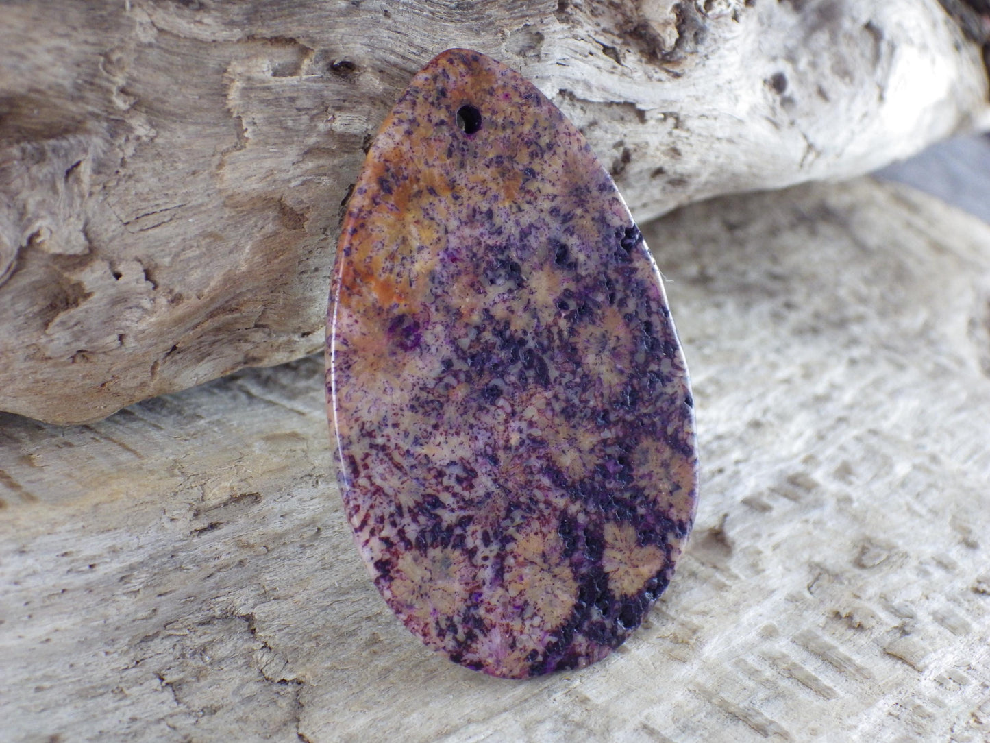 Large Purple Fossil Coral Jasper Pendant 48x31mm, Semi Precious Gemstone, Loose Stone Teardrop Cabochon, Jewellery Making Supplies UK A9