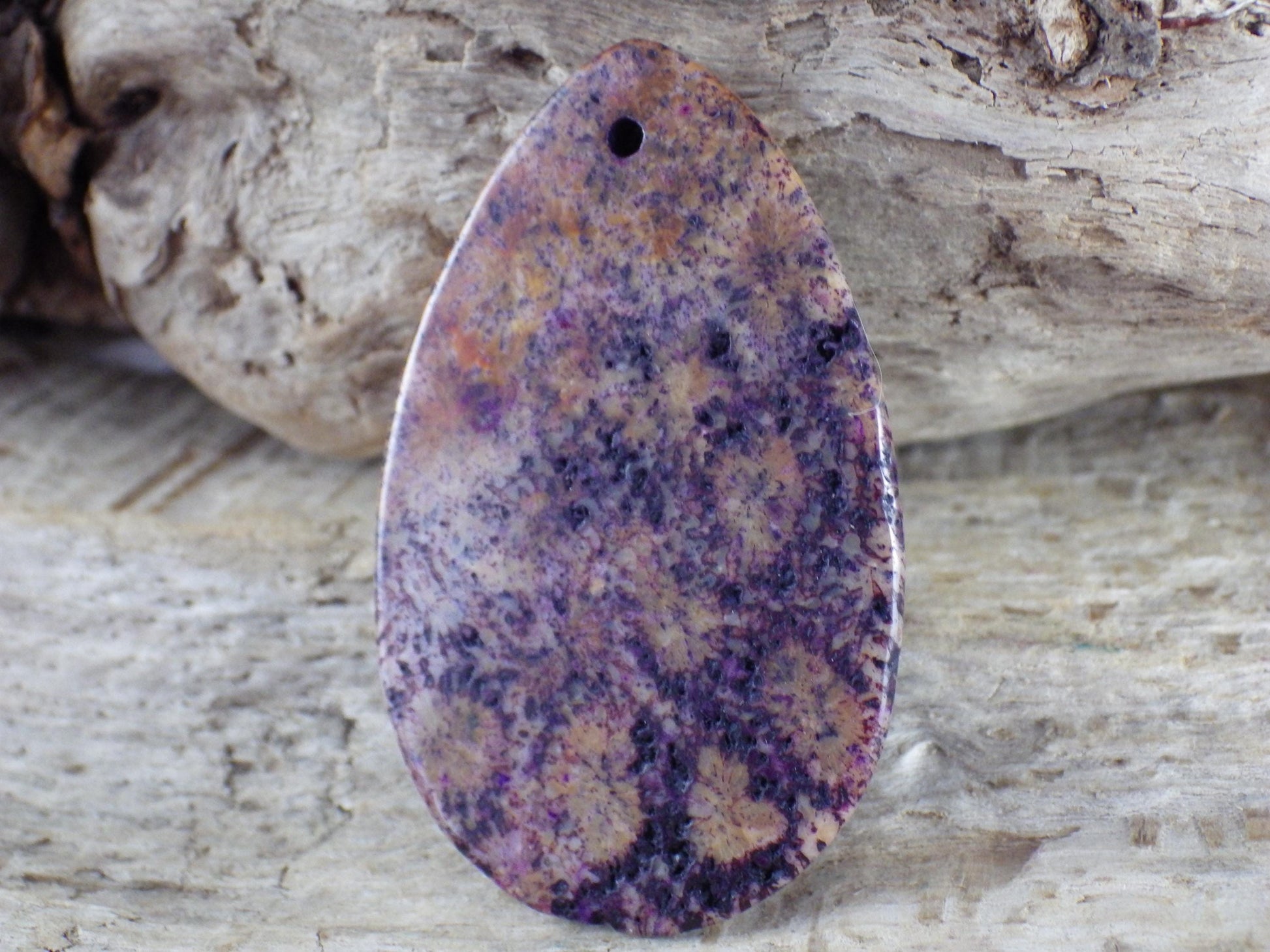 Large Purple Fossil Coral Jasper Pendant 48x31mm, Semi Precious Gemstone, Loose Stone Teardrop Cabochon, Jewellery Making Supplies UK A9