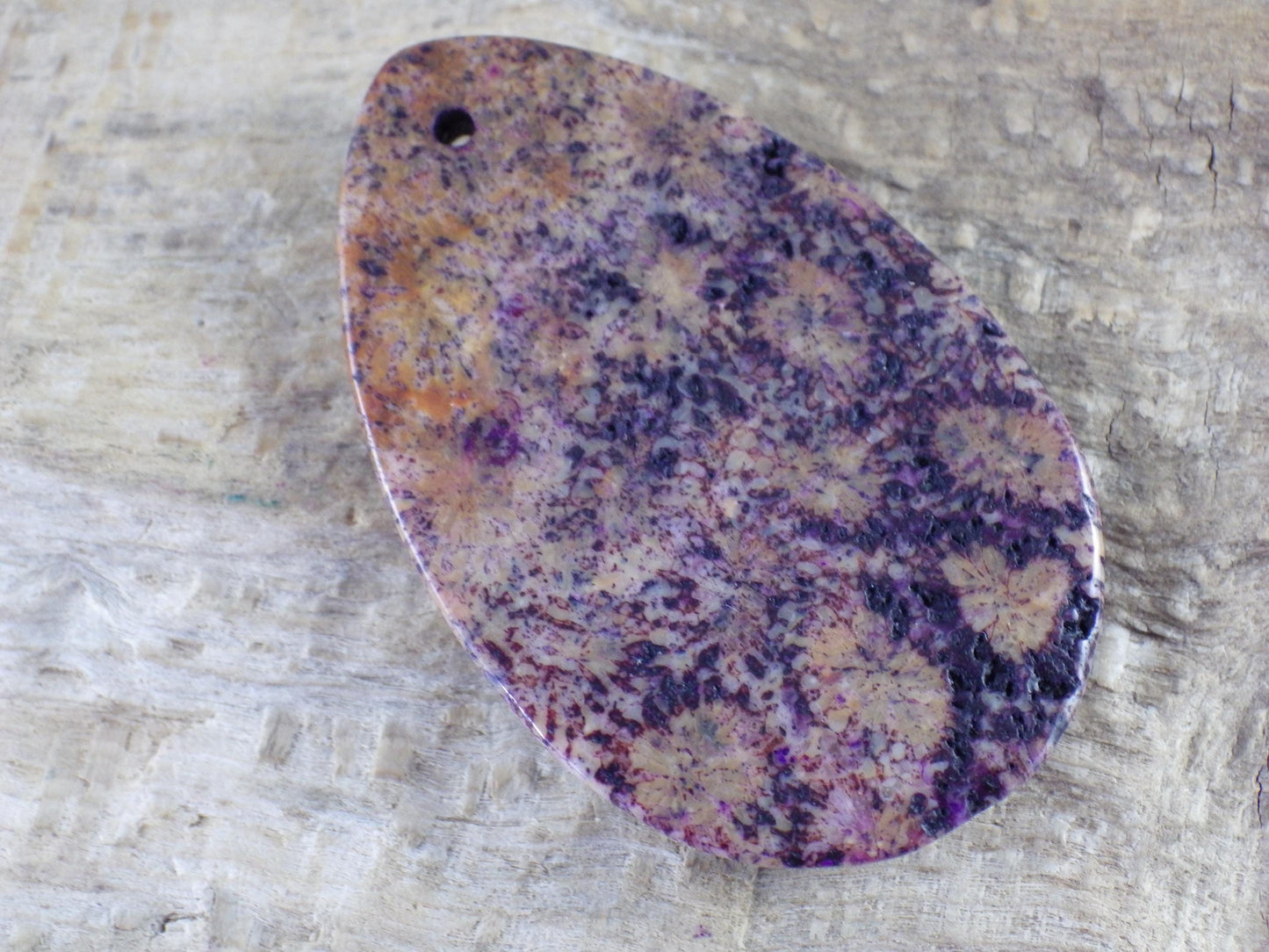 Large Purple Fossil Coral Jasper Pendant 48x31mm, Semi Precious Gemstone, Loose Stone Teardrop Cabochon, Jewellery Making Supplies UK A9