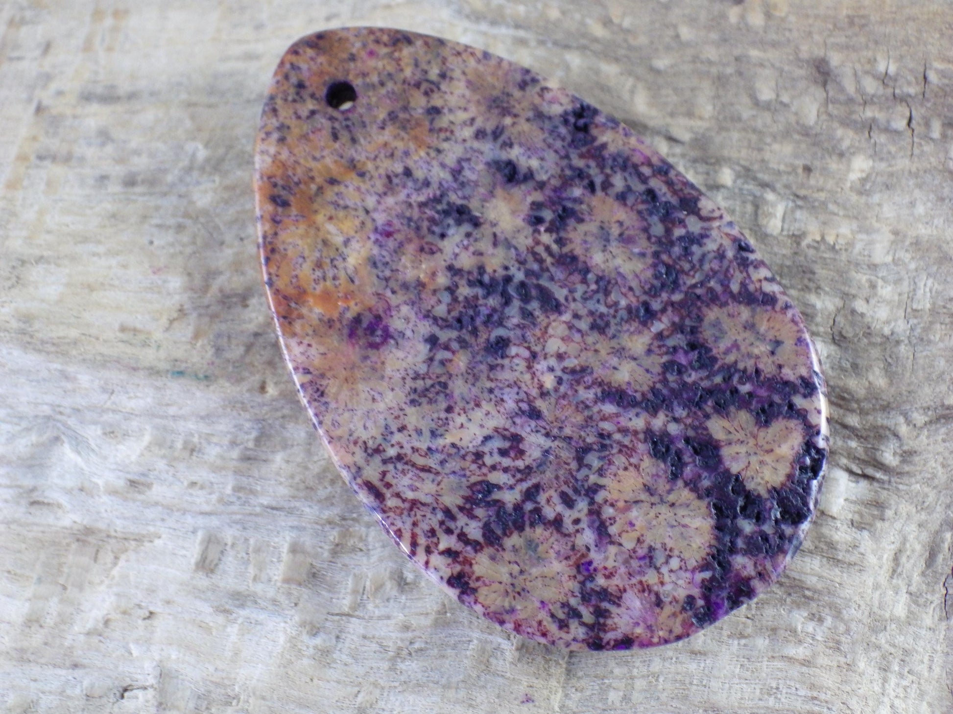 Large Purple Fossil Coral Jasper Pendant 48x31mm, Semi Precious Gemstone, Loose Stone Teardrop Cabochon, Jewellery Making Supplies UK A9