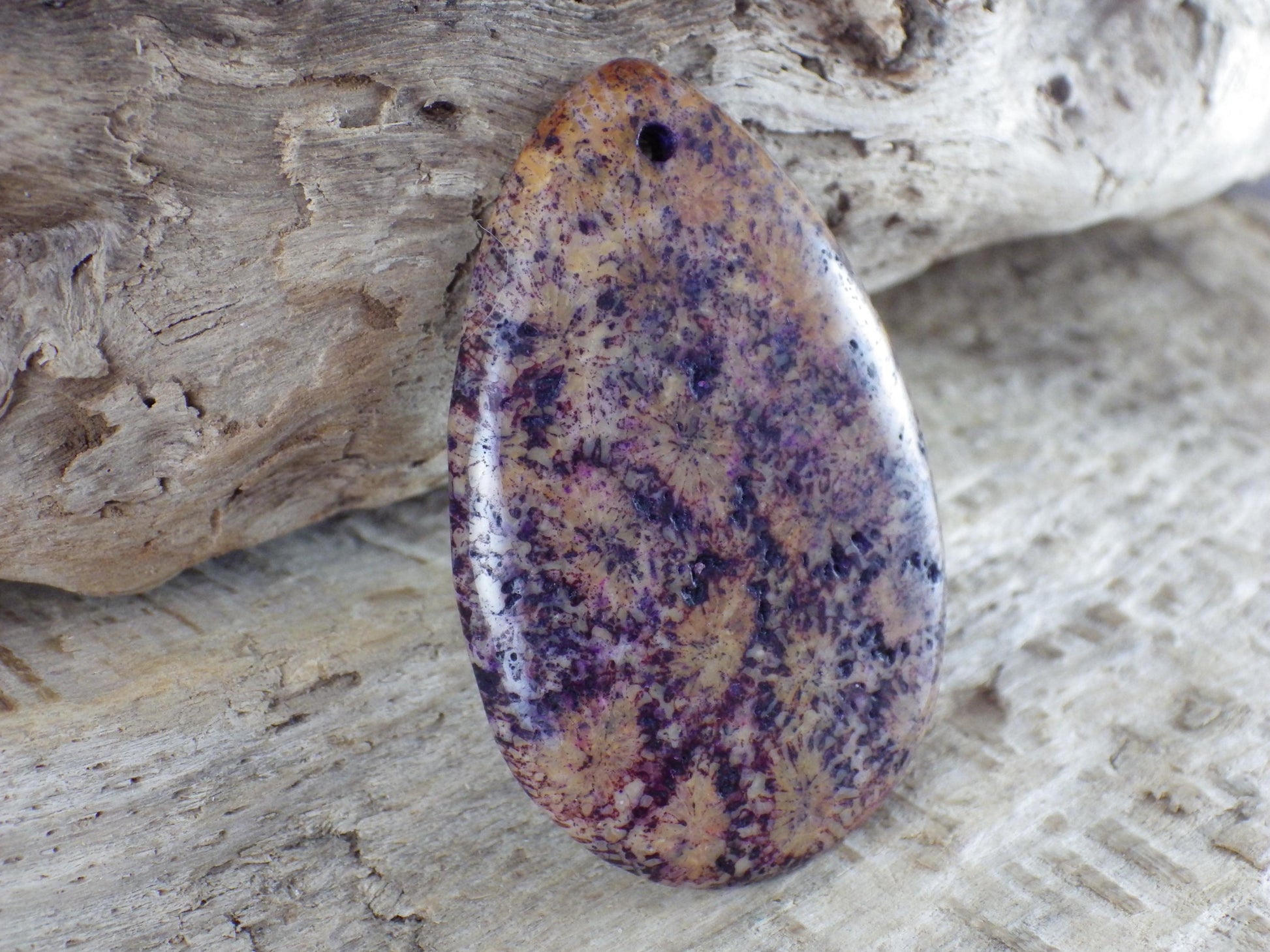 Large Purple Fossil Coral Jasper Pendant 48x31mm, Semi Precious Gemstone, Loose Stone Teardrop Cabochon, Jewellery Making Supplies UK A9