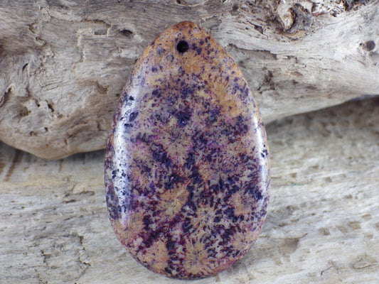 Large Purple Fossil Coral Jasper Pendant 48x31mm, Semi Precious Gemstone, Loose Stone Teardrop Cabochon, Jewellery Making Supplies UK A9