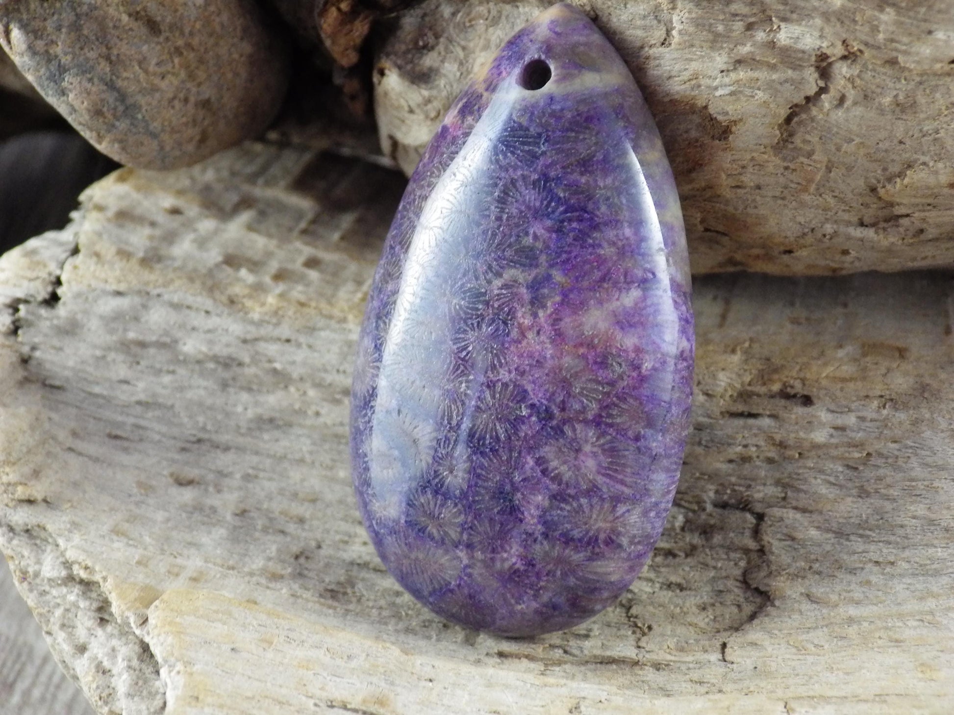 Fossil Coral Jasper Pendant 45x24mm Semi Precious Gemstone, Top Drilled Cabochon, Flat Back Teardrop Loose Stone, Jewelry Making Supplies L2