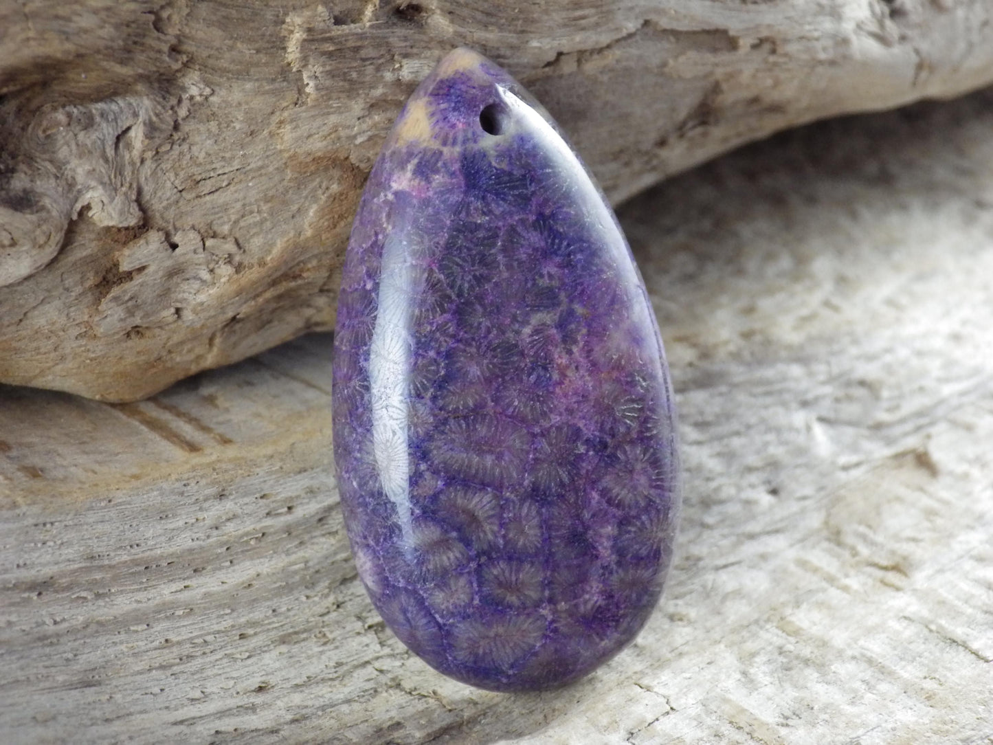 Fossil Coral Jasper Pendant 45x24mm Semi Precious Gemstone, Top Drilled Cabochon, Flat Back Teardrop Loose Stone, Jewelry Making Supplies L2