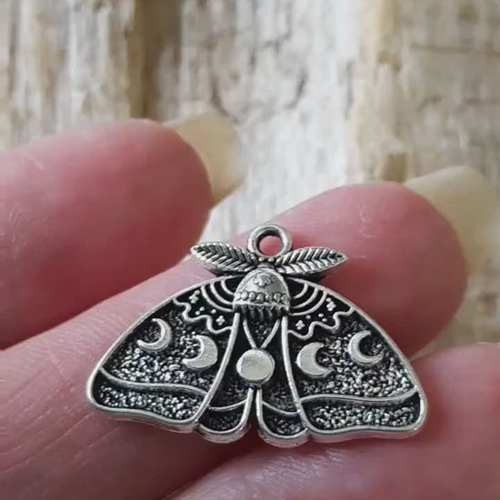 Moon Phase Moth Charm Pendant 17x26mm, Silver Celestial Insect Pagan Moonphase Necklace Pendant, Jewelry Making, Craft Supplies, UK