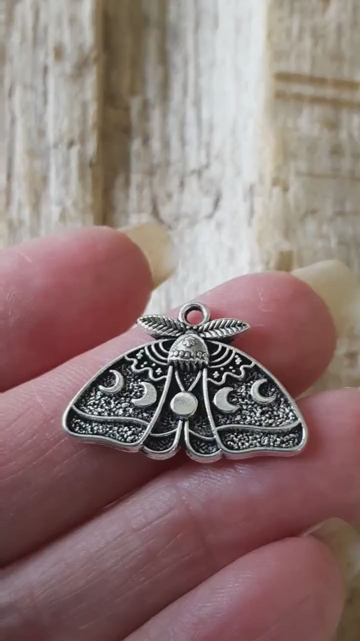 Moon Phase Moth Charm Pendant 17x26mm, Silver Celestial Insect Pagan Moonphase Necklace Pendant, Jewelry Making, Craft Supplies, UK