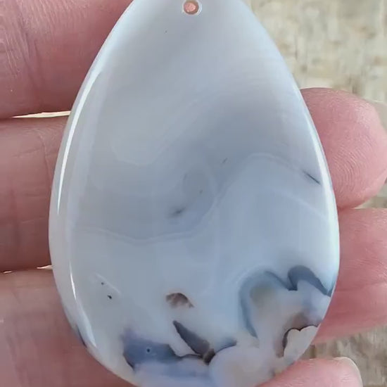 Dendritic Agate Pendant Cabochon 49x32mm, Semi Precious Gemstone, Polished Teardrop Top Drilled Loose Stone, Jewellery Making Supplies UK A2