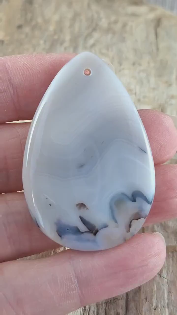 Dendritic Agate Pendant Cabochon 49x32mm, Semi Precious Gemstone, Polished Teardrop Top Drilled Loose Stone, Jewellery Making Supplies UK A2