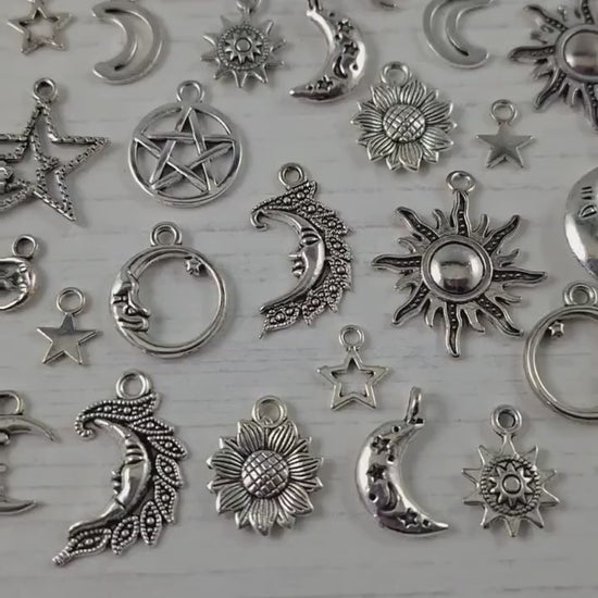 30 x Silver Moon Sun Star Bracelet Charms, Wholesale Mixed Wiccan Pagan Celestial Pendants, Jewellery Making Supplies UK