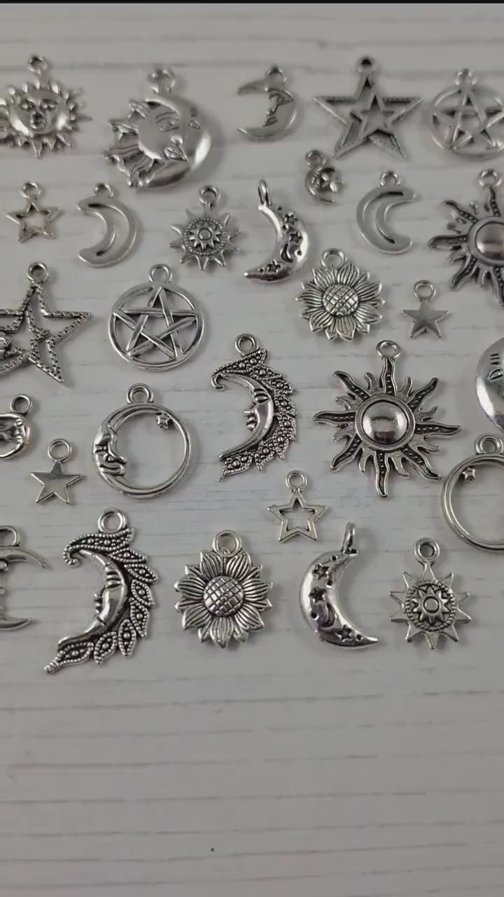 30 x Silver Moon Sun Star Bracelet Charms, Wholesale Mixed Wiccan Pagan Celestial Pendants, Jewellery Making Supplies UK