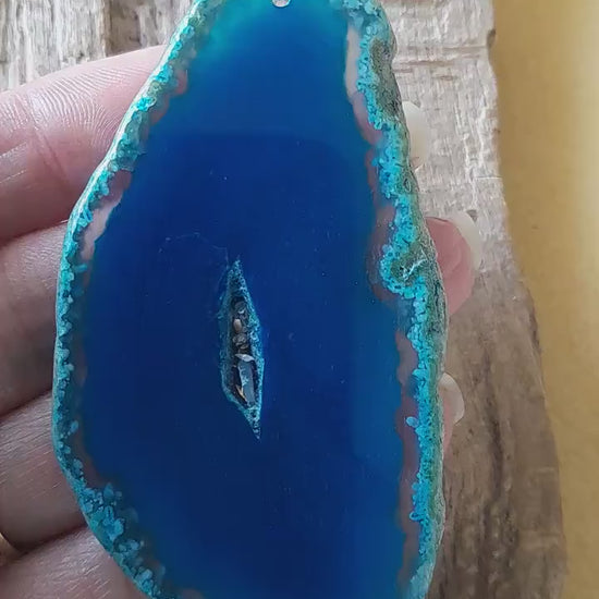 Blue Flat Geode Slice Pendant, 82x43mm Semi Precious Gemstone, Polished Shiny Top Drilled Loose Stone, Jewellery Making Supplies UK S1