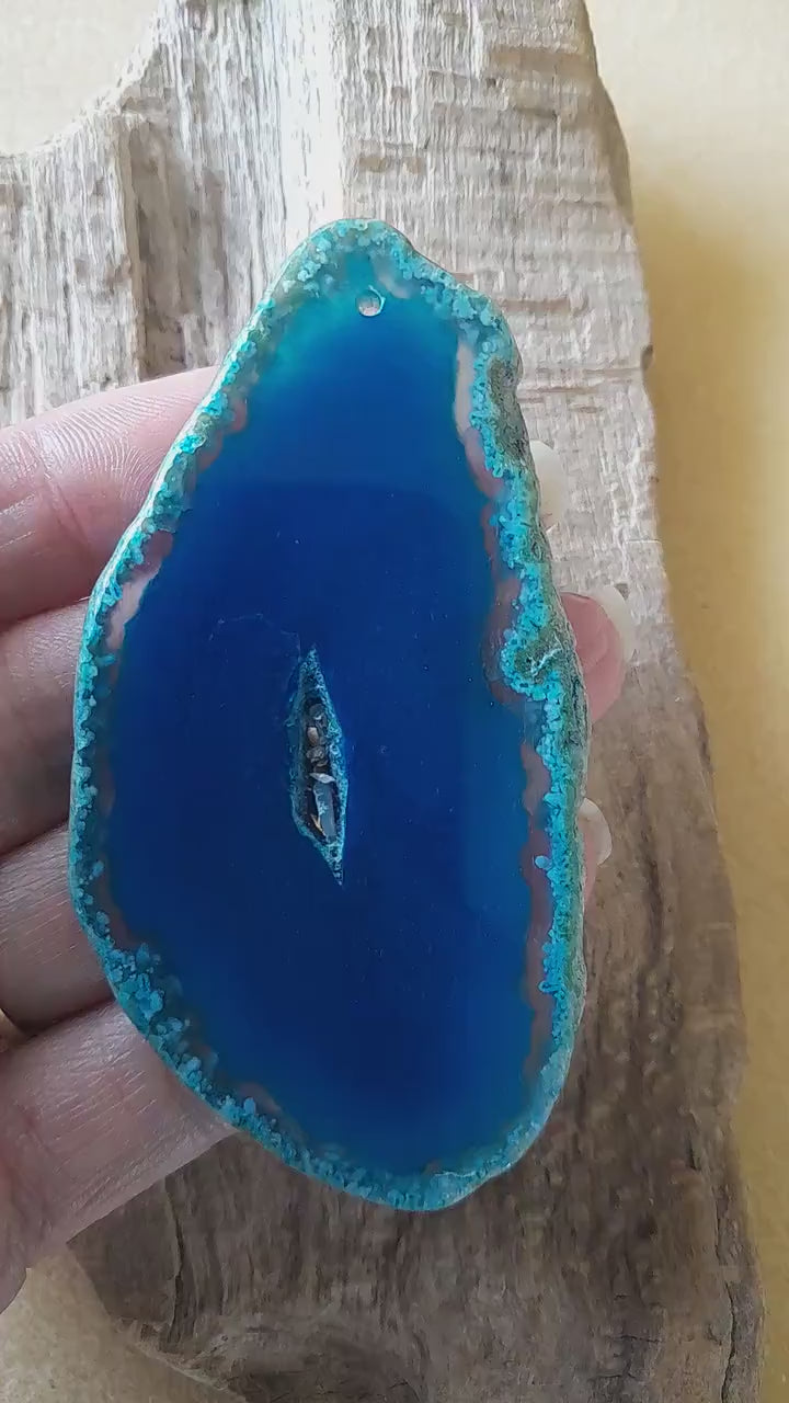 Blue Flat Geode Slice Pendant, 82x43mm Semi Precious Gemstone, Polished Shiny Top Drilled Loose Stone, Jewellery Making Supplies UK S1