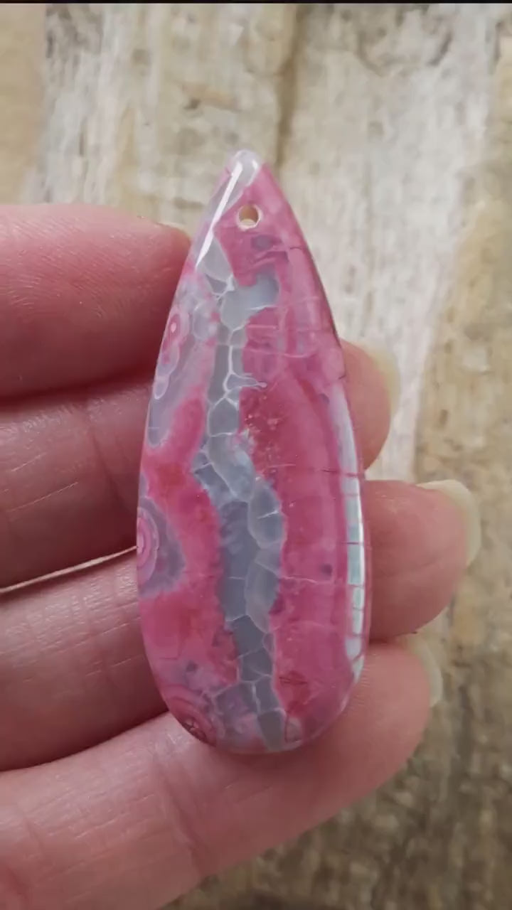 Pink Dragons Vein Agate Teardrop Pendant, 49x19mm Semi Precious Gemstone, Top Drilled Cabochon, Loose Stone, Jewellery Making Supplies A5