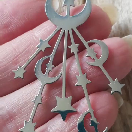 Crescent Moon & Stars Pendant, 53x36mm, Silver Stainless Steel Celestial Pagan Charm, Necklace Pendant, Jewelry Making, Craft Supplies, UK