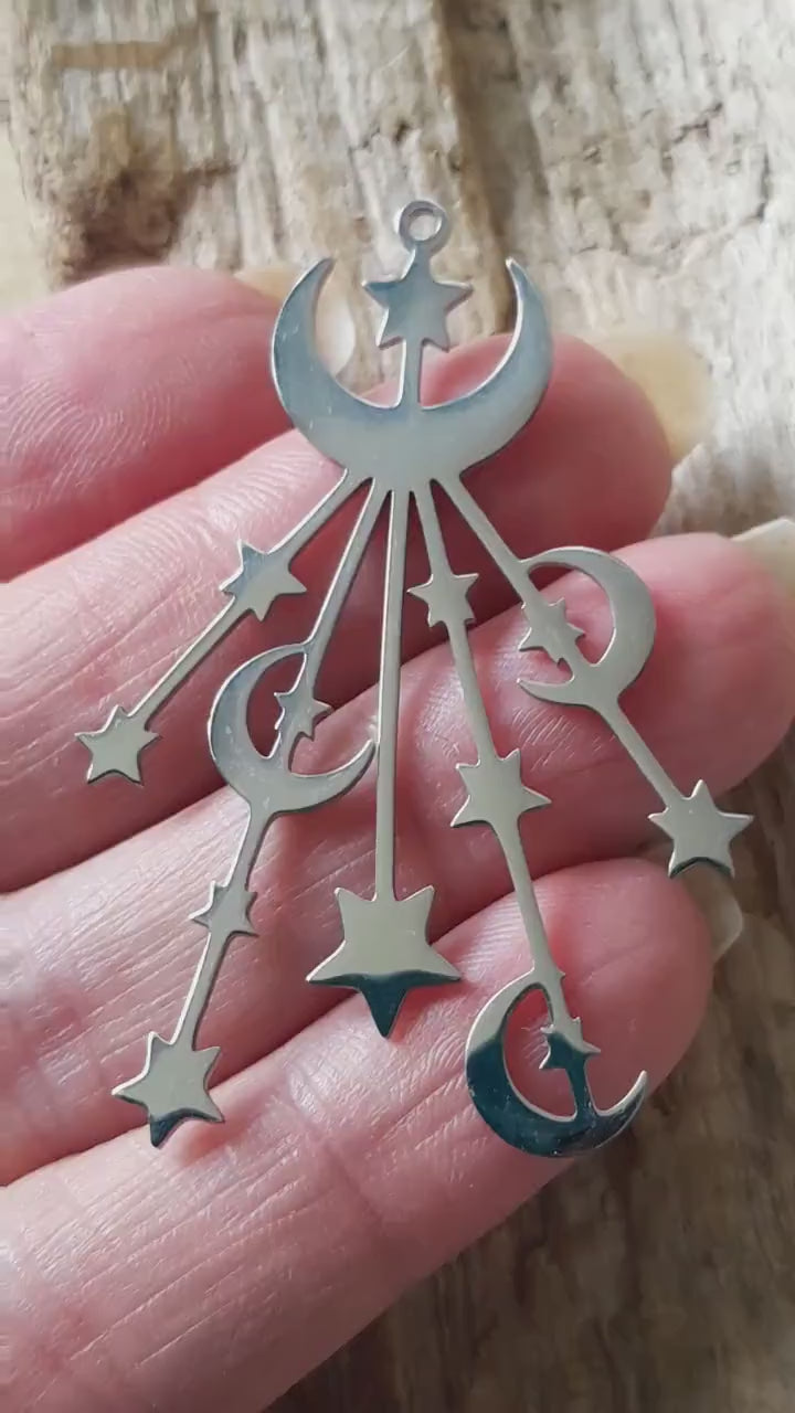 Crescent Moon & Stars Pendant, 53x36mm, Silver Stainless Steel Celestial Pagan Charm, Necklace Pendant, Jewelry Making, Craft Supplies, UK