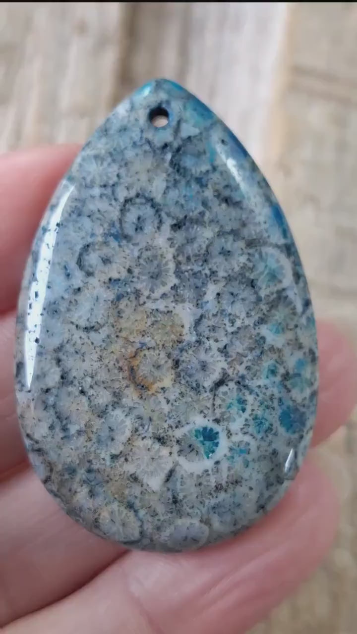 Blue Fossil Coral Jasper Pendant 48x30mm, Semi Precious Gemstone, Loose Designers Stone, Flat Back Teardrop, UK Jewelry Making Supplies M6