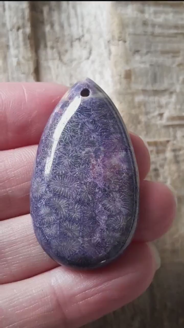 Fossil Coral Jasper Pendant 45x24mm Semi Precious Gemstone, Top Drilled Cabochon, Flat Back Teardrop Loose Stone, Jewelry Making Supplies L2