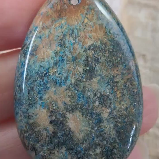Blue Fossil Coral Jasper Pendant, 48x31mm, Semi Precious Gemstone, Top Drilled Teardrop, Loose Stone, Jewellery Supplies, UK K3