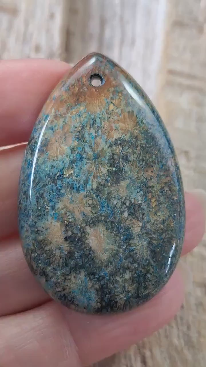 Blue Fossil Coral Jasper Pendant, 48x31mm, Semi Precious Gemstone, Top Drilled Teardrop, Loose Stone, Jewellery Supplies, UK K3
