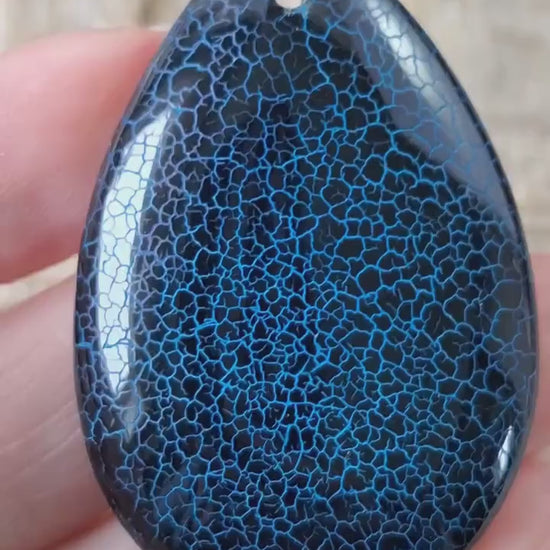 Blue & Black Dragon Vein Agate Teardrop Pendant 48x32mm, Semi Precious Gemstone Cabochon Polished Stone With Hole Jewelry Making Supplies N8