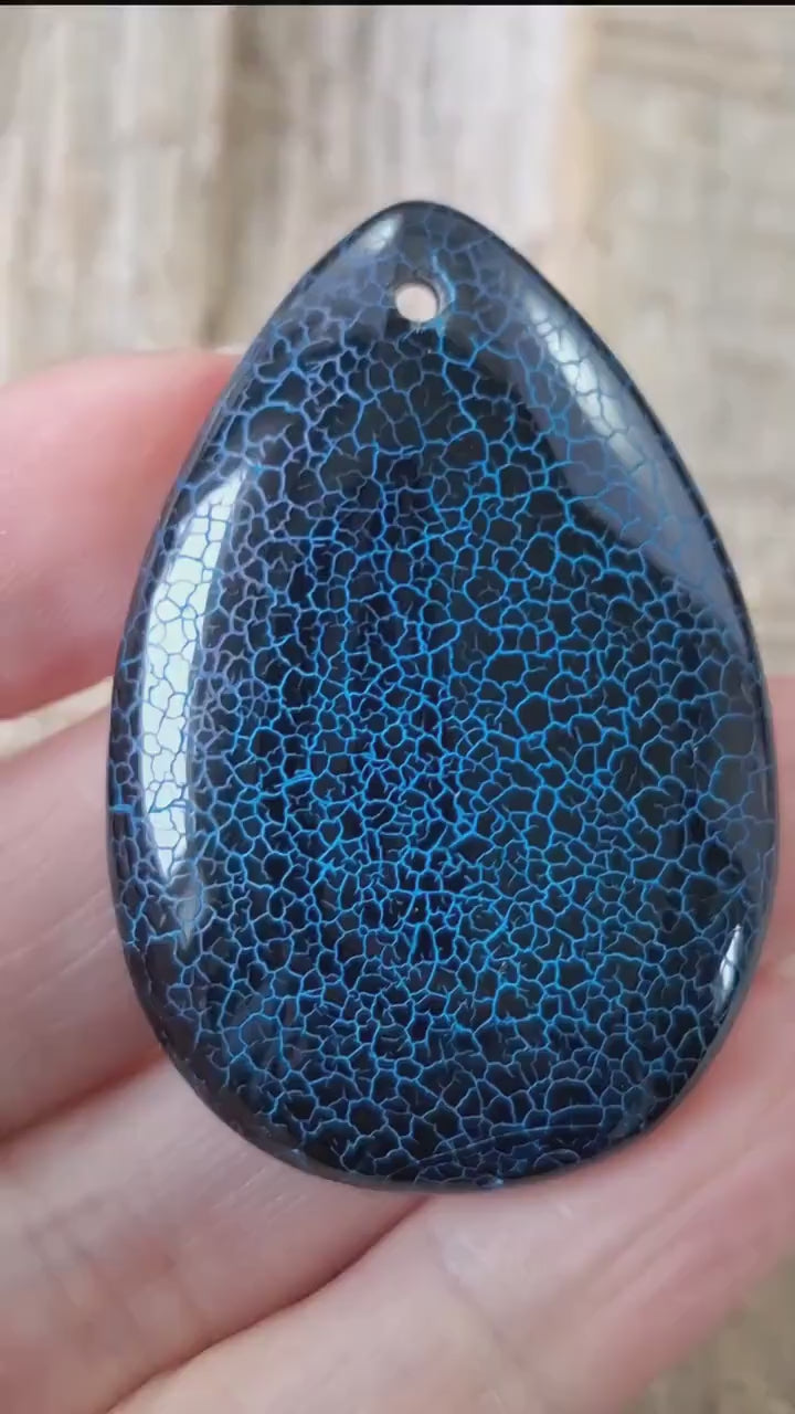 Blue & Black Dragon Vein Agate Teardrop Pendant 48x32mm, Semi Precious Gemstone Cabochon Polished Stone With Hole Jewelry Making Supplies N8