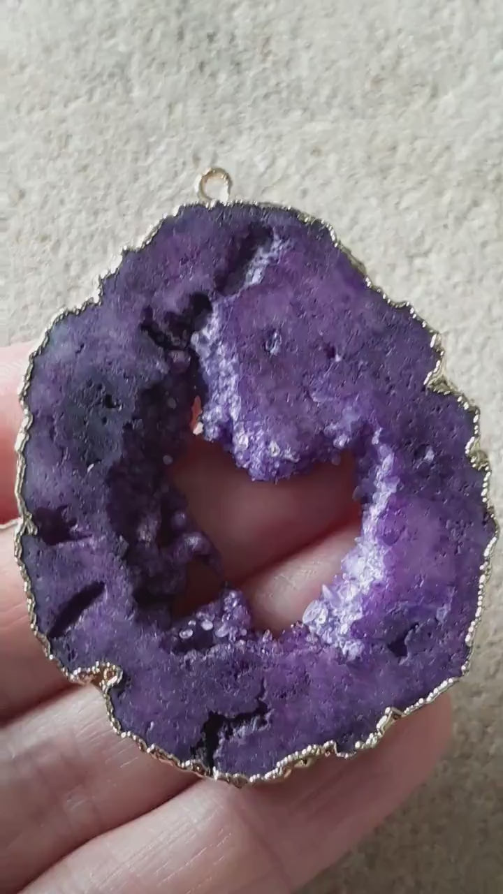 Purple Druzy Quartz Geode Slice, Semi Precious Gemstone Pendant, 53x45mm Designer's Loose Stone, Focal Bead, Jewelry Making Supplies, UK T1