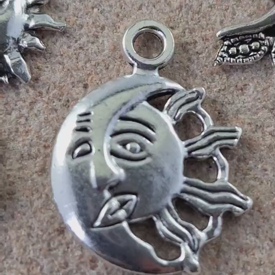 11 x Silver Crescent Moon Sun Star Bracelet Charms, Celestial Charms Pendants, Mixed Pagan Wiccan Earring Charms, UK Jewelry Making Supplies