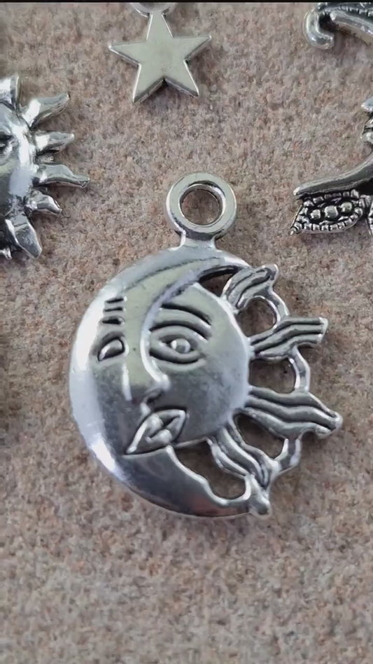 11 x Silver Crescent Moon Sun Star Bracelet Charms, Celestial Charms Pendants, Mixed Pagan Wiccan Earring Charms, UK Jewelry Making Supplies