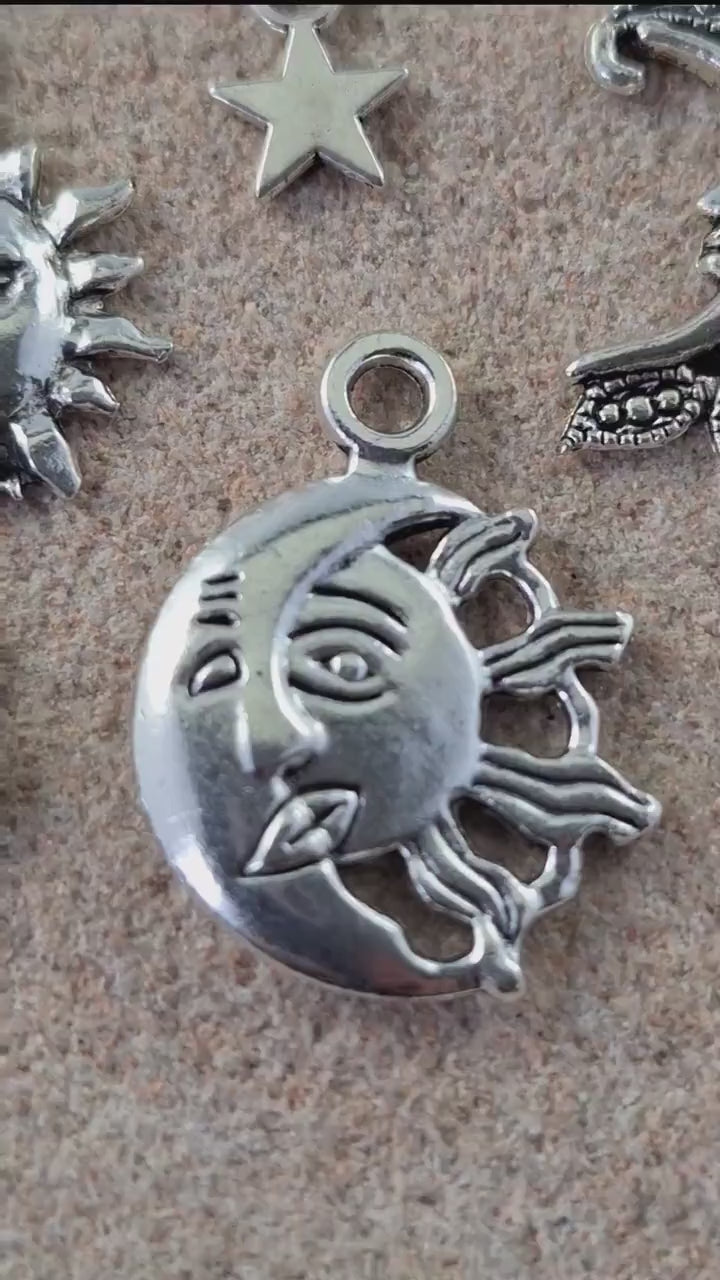11 x Silver Crescent Moon Sun Star Bracelet Charms, Celestial Charms Pendants, Mixed Pagan Wiccan Earring Charms, UK Jewelry Making Supplies