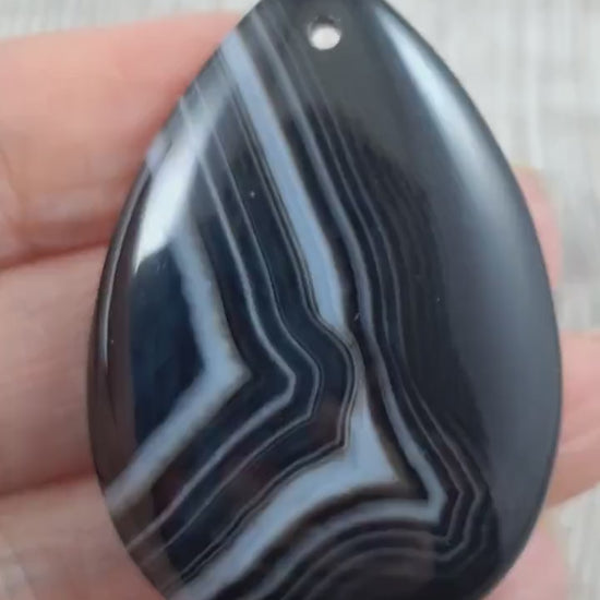 Black Striped Agate Pendant 50x34mm, Semi Precious Gemstone Cabochon, Large Pear Shaped Teardrop, Polished Loose Stone Jewellery Supplies G8