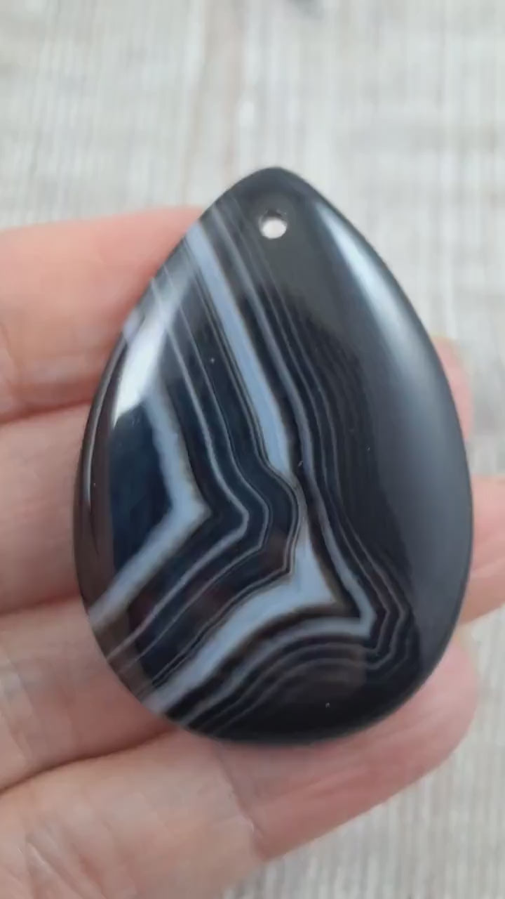 Black Striped Agate Pendant 50x34mm, Semi Precious Gemstone Cabochon, Large Pear Shaped Teardrop, Polished Loose Stone Jewellery Supplies G8