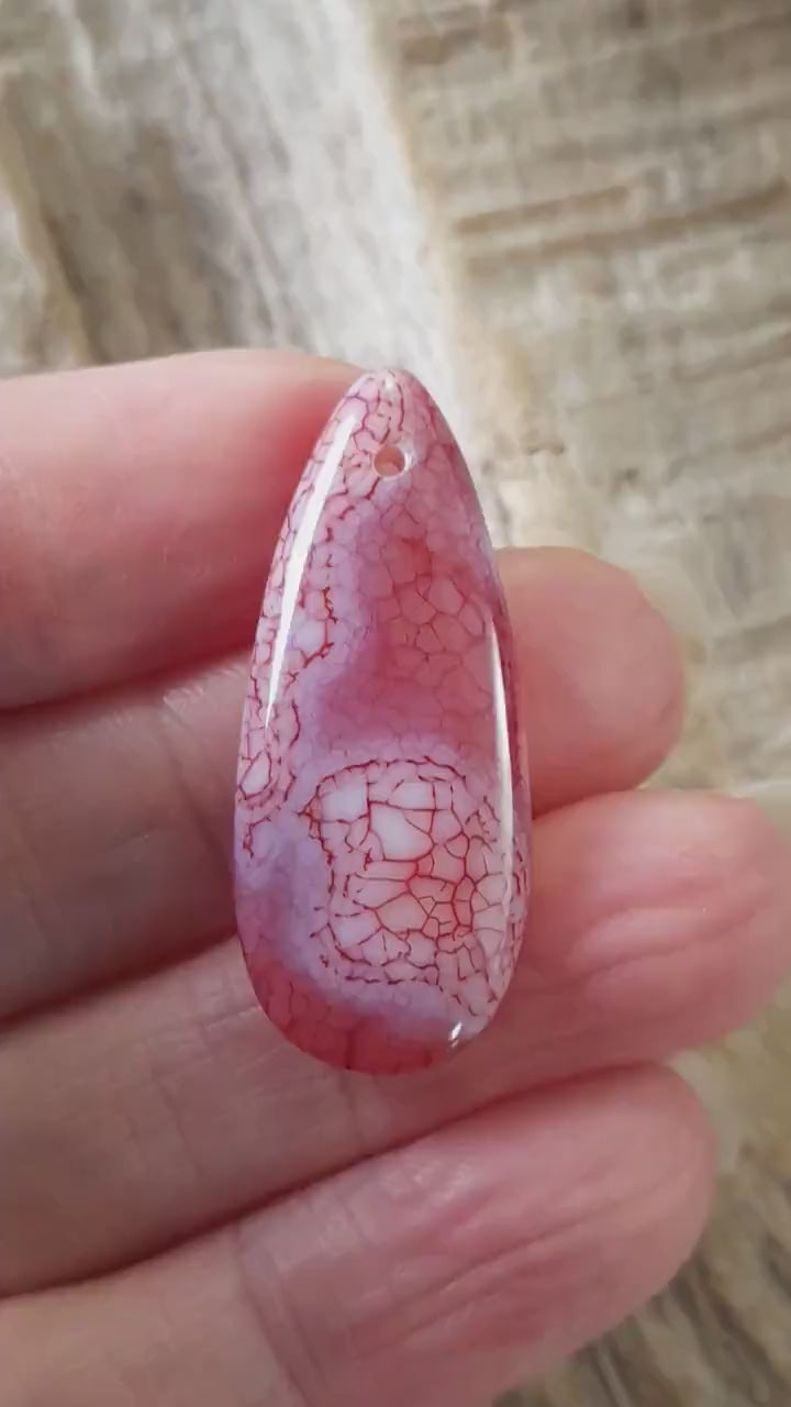 Red Dragons Vein Fire Agate Teardrop Pendant 35x15mm, Semi Precious Gemstone Bright Striped Focal, Top Drilled Jewellery Making Supplies G7