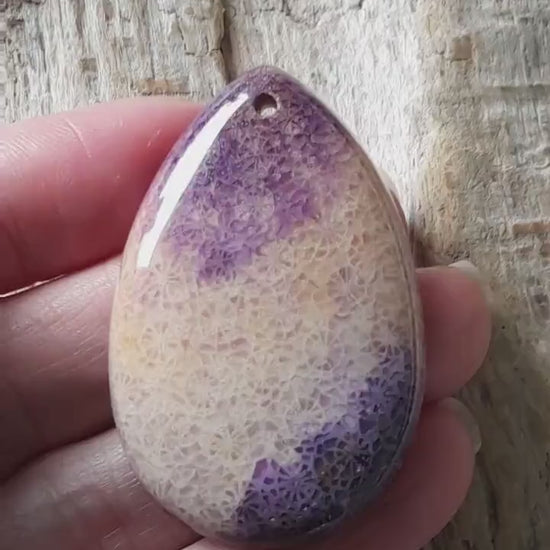 Purple Fossil Coral Teardrop Pendant 48x32mm, Semi Precious Gemstone Cabochon With Hole, Flat Back Loose Stone, Jewellery Making Supplies J3