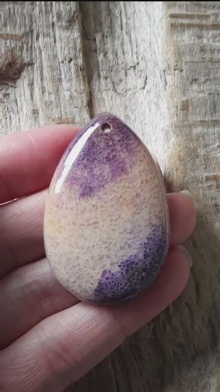 Purple Fossil Coral Teardrop Pendant 48x32mm, Semi Precious Gemstone Cabochon With Hole, Flat Back Loose Stone, Jewellery Making Supplies J3
