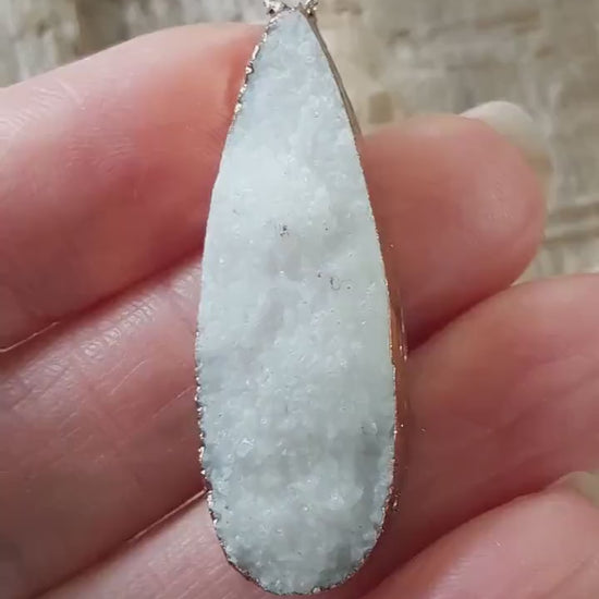 White Druzy Quartz Geode Pendant 41x12mm, Semi Precious Gemstone, Flat Back Teardop, Designer Loose Stone, Jewellery Making Supplies M3