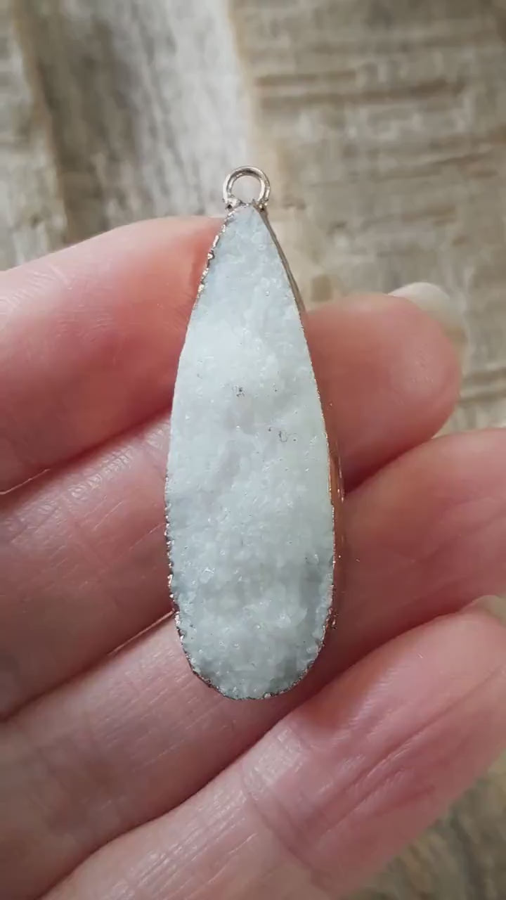 White Druzy Quartz Geode Pendant 41x12mm, Semi Precious Gemstone, Flat Back Teardop, Designer Loose Stone, Jewellery Making Supplies M3