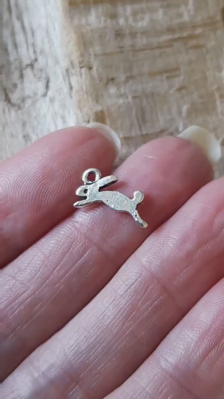4 x Little Leaping Hare Charms 14x6mm, Silver Rabbit Bracelet Charms, Wiccan Pagan Animal Pendants, Jewelry Making Supplies, UK