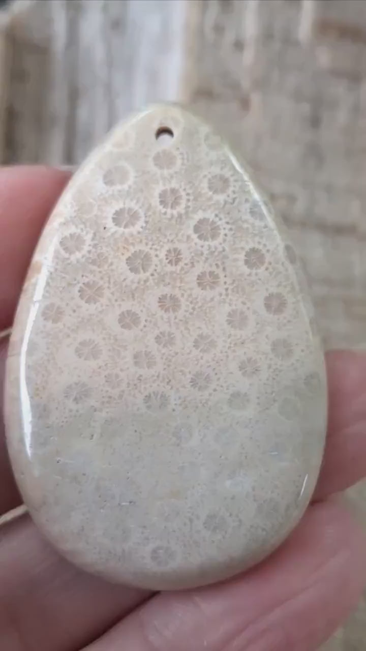 Fossil Coral Jasper Pendant 48x31mm, Semi Precious Gemstone Cabochon, Polished Top Drilled Teardrop, Loose Stone, Jewelry Making Supplies A2