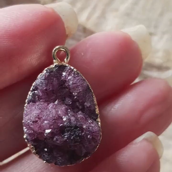 Purple Druzy Quartz Geode Crystal Teardrop Pendant, 24x15mm Semi Precious Gemstone, Flat Back Loose Stone, Jewelry Making Supplies, UK T4
