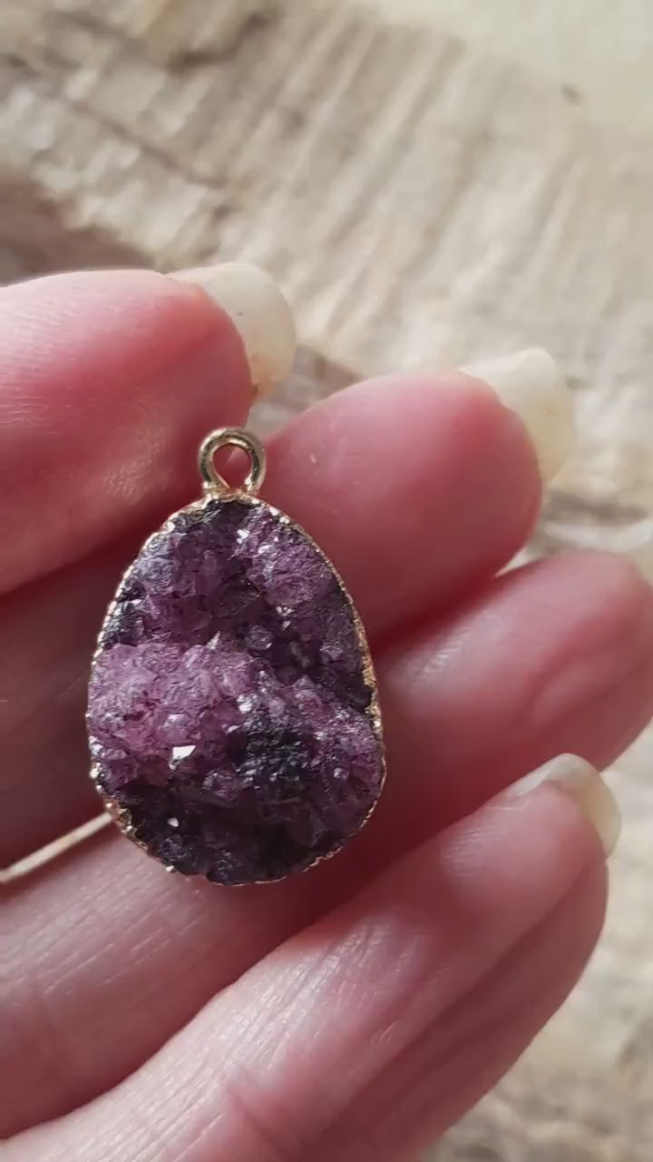 Purple Druzy Quartz Geode Crystal Teardrop Pendant, 24x15mm Semi Precious Gemstone, Flat Back Loose Stone, Jewelry Making Supplies, UK T4