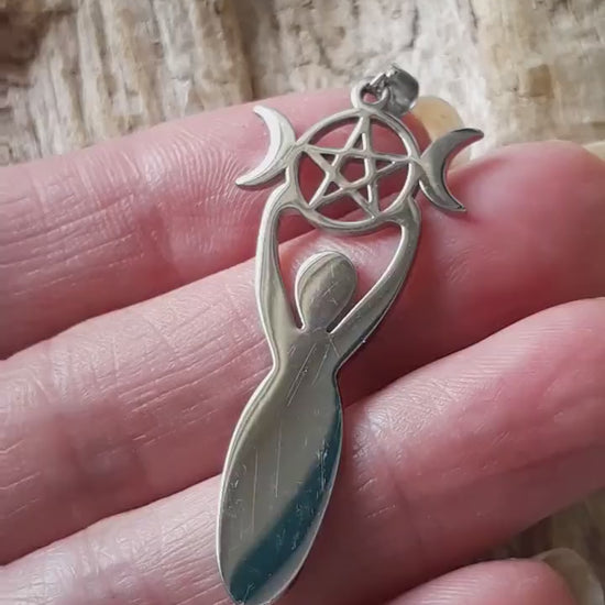 Pagan Triple Moon Goddess Pendant, 45x20mm, Silver Wiccan Goddess & Pentagram Charm, Jewellery Making Supplies, UK Seller